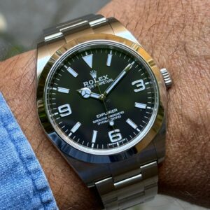 ROLEX EXPLORER 1 214270 BLACK ARABIC DIAL 3-6-9, LIKE NEW, FULL SET, YEAR 2016, CHROMALIGHT LUMINESCENCE, MK2 DIAL